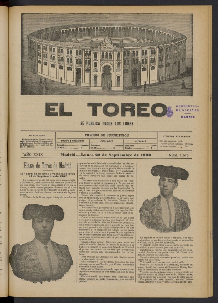 Miniatura de El Toreo: suplemento a "La Correspondencia Teatral" del 22 de septiembre de 1902, nº 1573