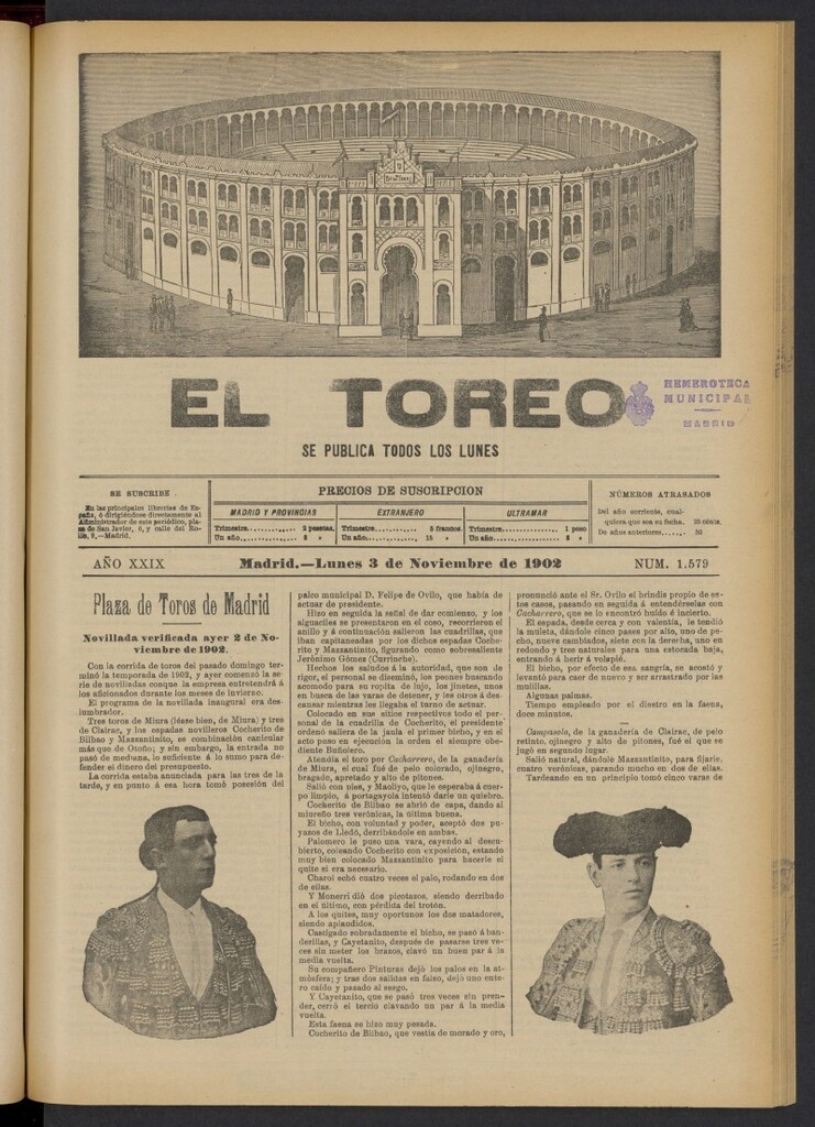 Miniatura de El Toreo: suplemento a "La Correspondencia Teatral" del 3 de noviembre de 1902, nº 1579