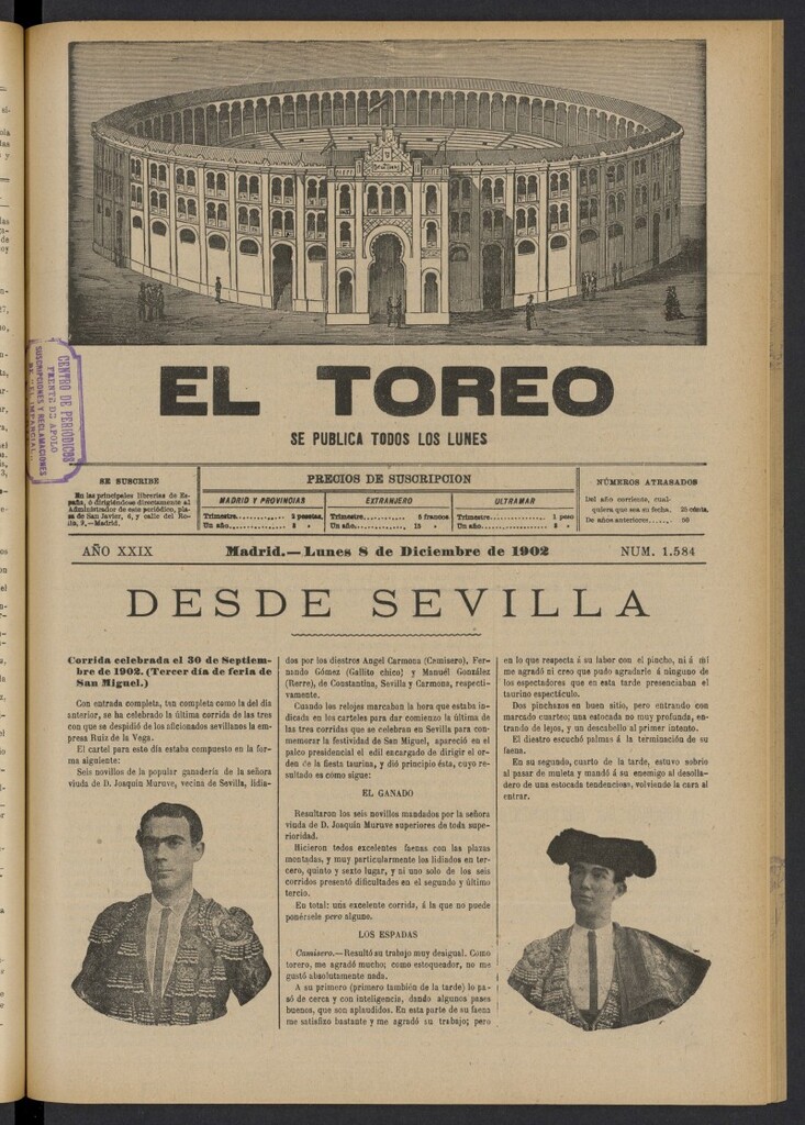 Miniatura de El Toreo: suplemento a "La Correspondencia Teatral" del 8 de diciembre de 1902, nº 1584