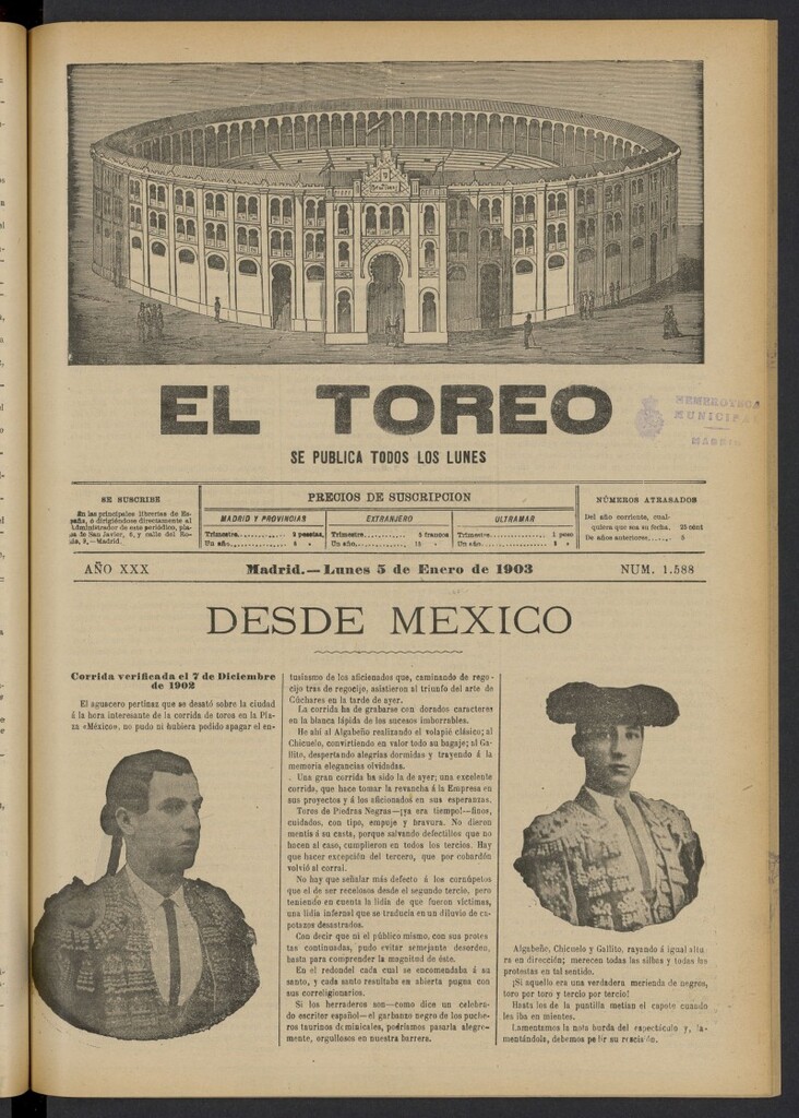 Miniatura de El Toreo: suplemento a "La Correspondencia Teatral" del 5 de enero de 1903, nº 1588