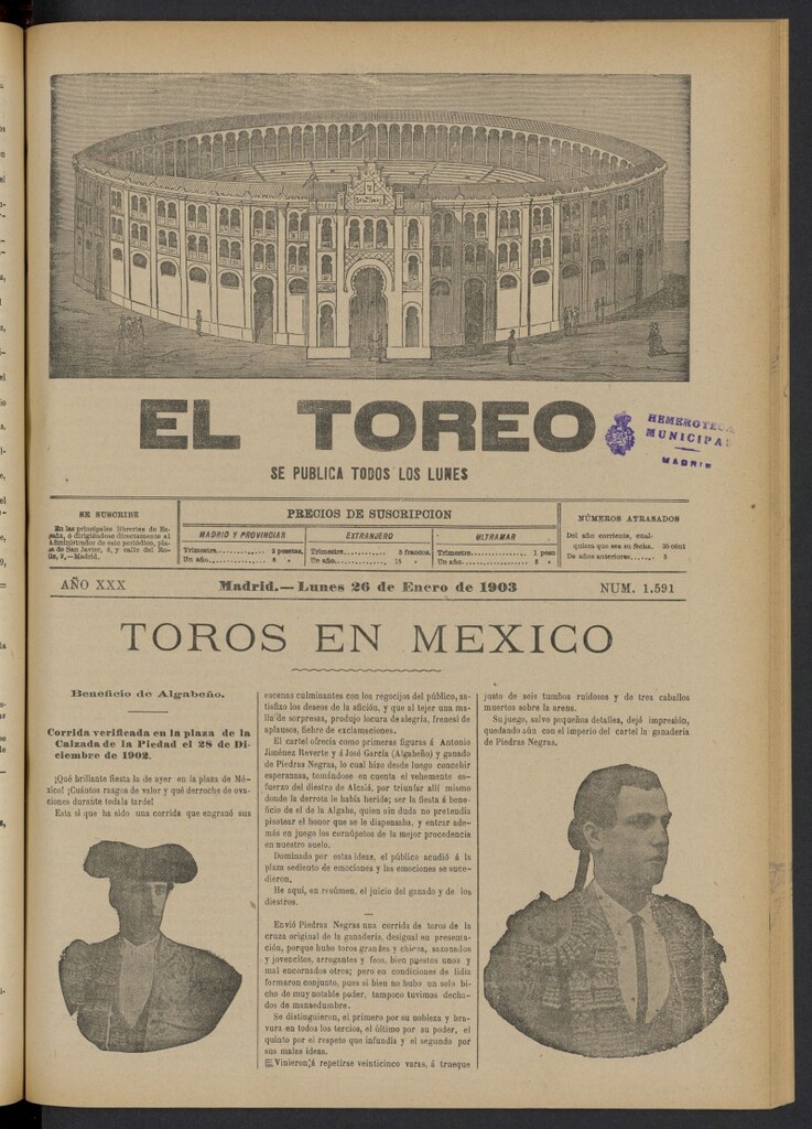 Miniatura de El Toreo: suplemento a "La Correspondencia Teatral" del 26 de enero de 1903, nº 1591