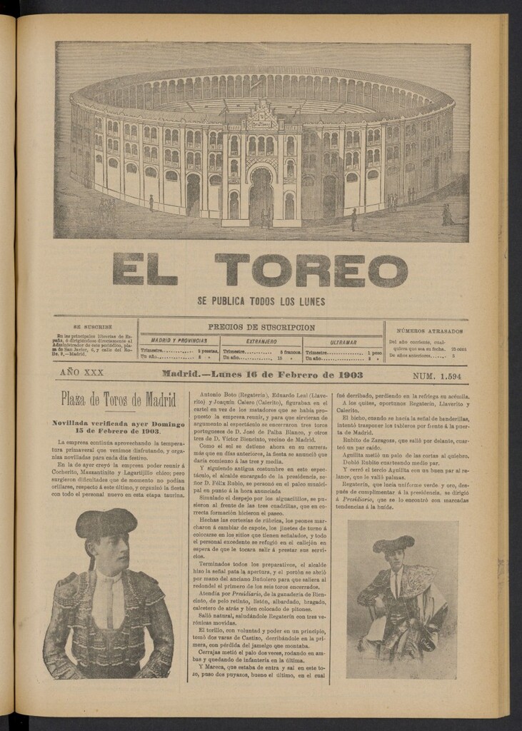 Miniatura de El Toreo: suplemento a "La Correspondencia Teatral" del 16 de febrero de 1903, nº 1594