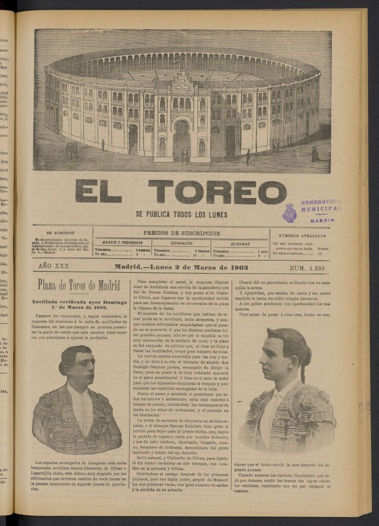 Miniatura de El Toreo: suplemento a "La Correspondencia Teatral" del 2 de marzo de 1903, nº 1596