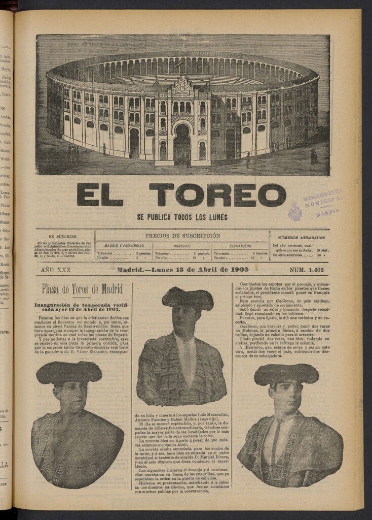 Miniatura de El Toreo: suplemento a "La Correspondencia Teatral" del 13 de abril de 1903, nº 1602