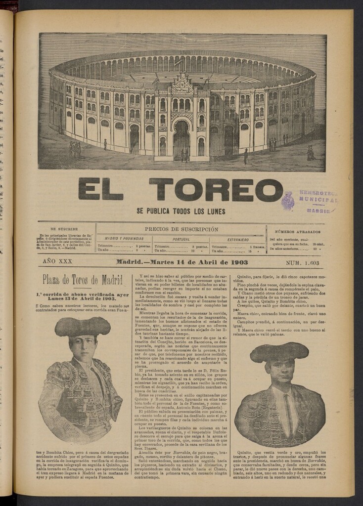 Miniatura de El Toreo: suplemento a "La Correspondencia Teatral" del 14 de abril de 1903, nº 1603