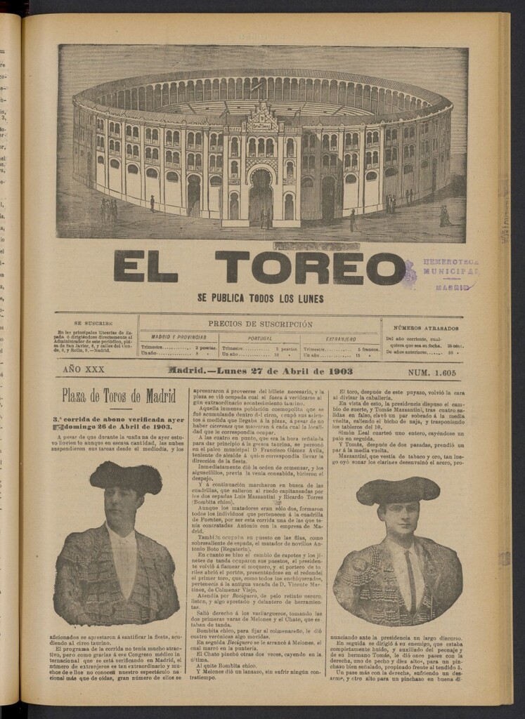 Miniatura de El Toreo: suplemento a "La Correspondencia Teatral" del 27 de abril de 1903, nº 1605