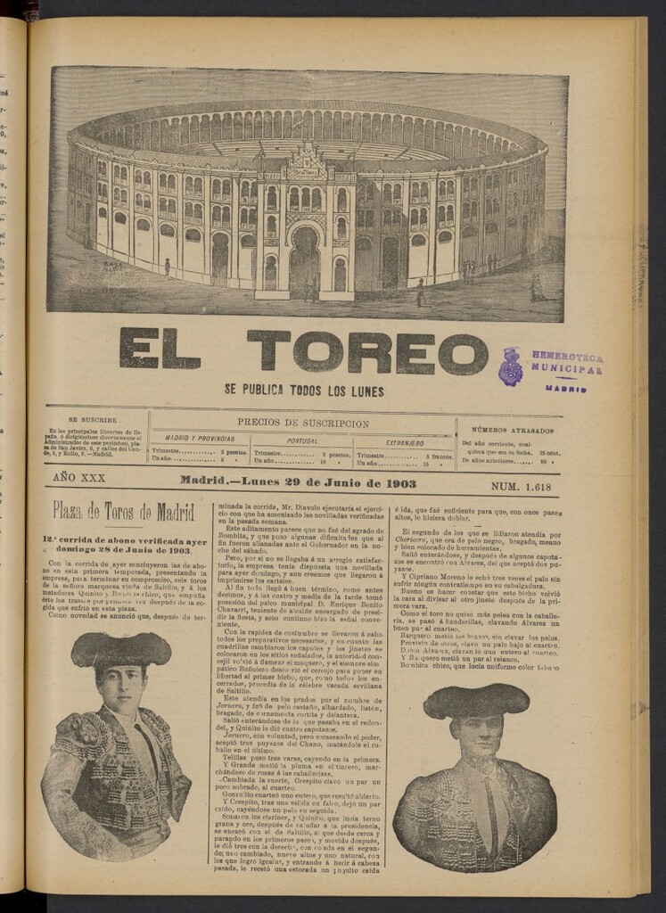 Miniatura de El Toreo: suplemento a "La Correspondencia Teatral" del 29 de junio de 1903, nº 1618