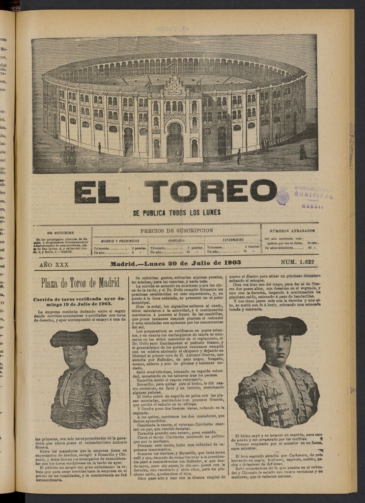 Miniatura de El Toreo: suplemento a "La Correspondencia Teatral" del 20 de julio de 1903, nº 1622