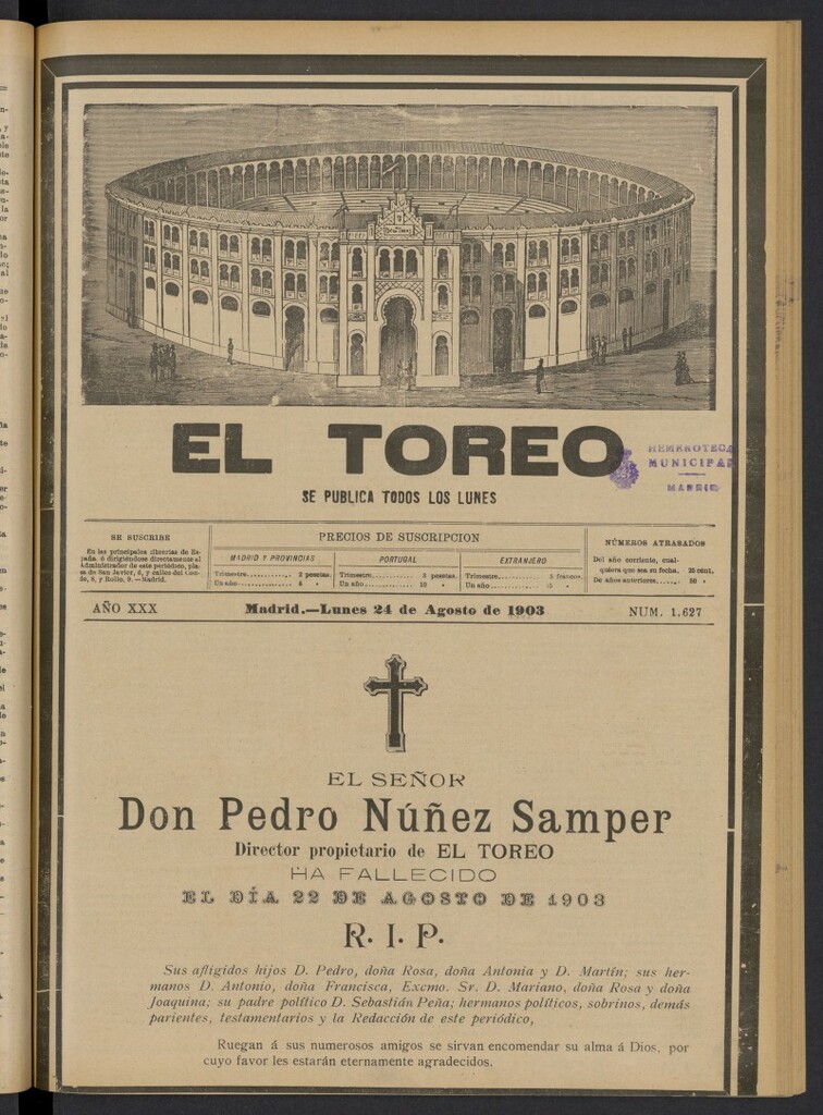 Miniatura de El Toreo: suplemento a "La Correspondencia Teatral" del 24 de agosto de 1903, nº 1627
