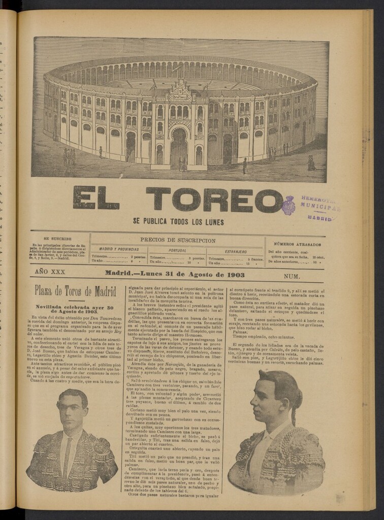 Miniatura de El Toreo: suplemento a "La Correspondencia Teatral" del 31 de agosto de 1903, nº 1628