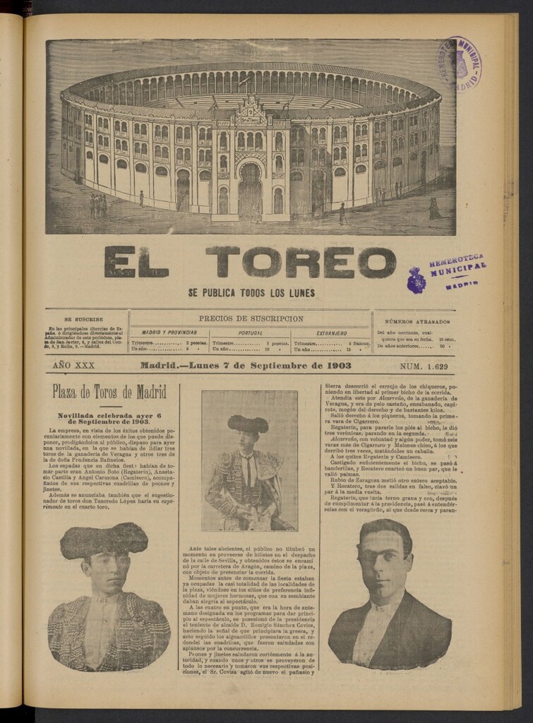 Miniatura de El Toreo: suplemento a "La Correspondencia Teatral" del 7 de septiembre de 1903, nº 1629