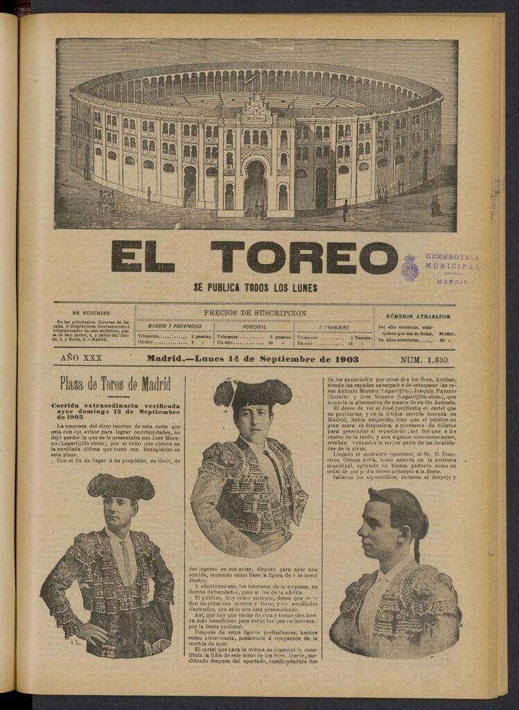 Miniatura de El Toreo: suplemento a "La Correspondencia Teatral" del 14 de septiembre de 1903, nº 1630