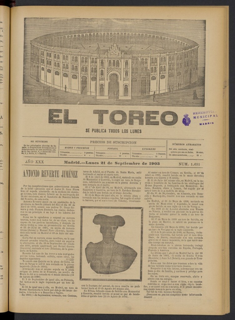 Miniatura de El Toreo: suplemento a "La Correspondencia Teatral" del 21 de septiembre de 1903, nº 1631