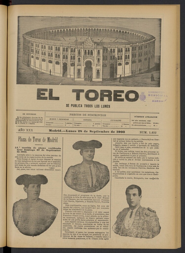 Miniatura de El Toreo: suplemento a "La Correspondencia Teatral" del 28 de septiembre de 1903, nº 1632