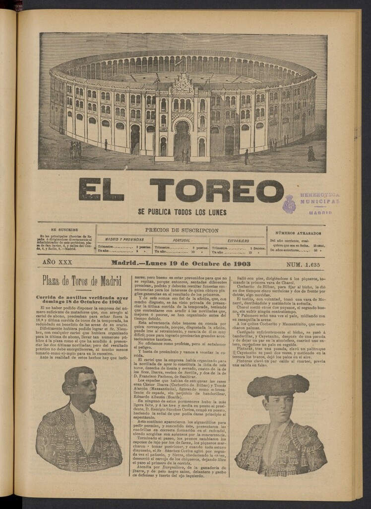Miniatura de El Toreo: suplemento a "La Correspondencia Teatral" del 19 de octubre de 1903, nº 1635