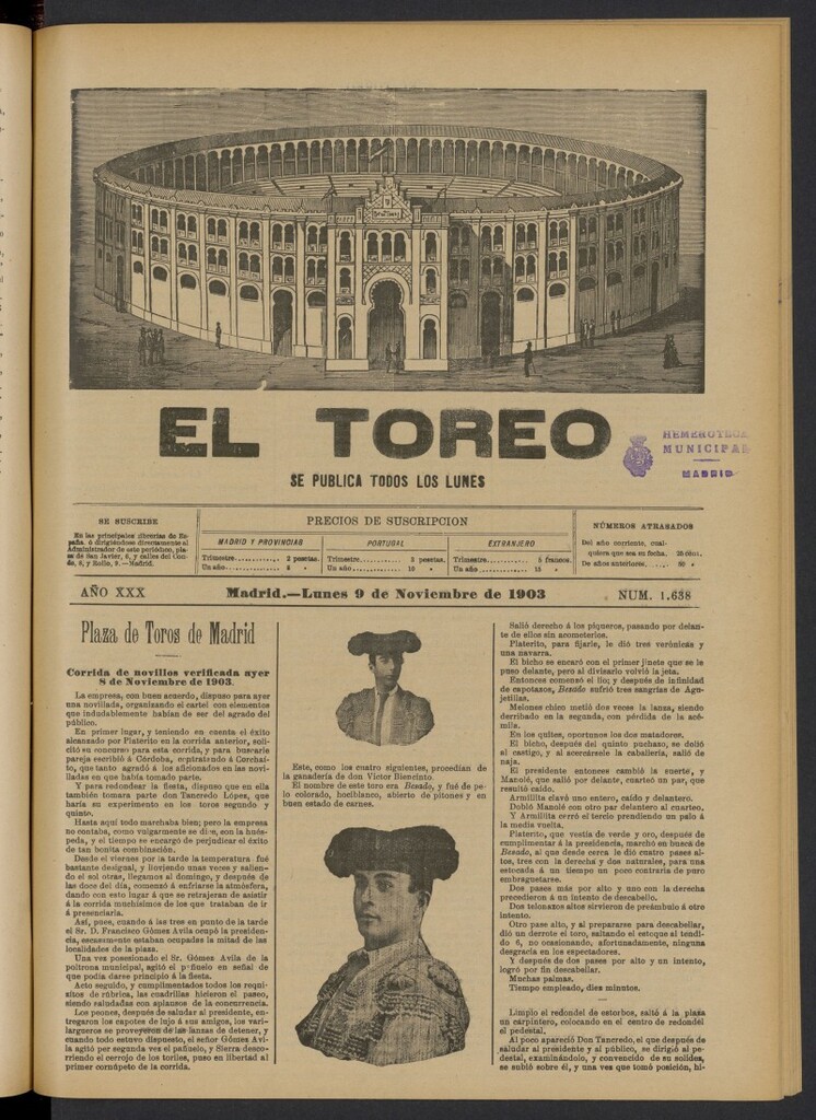 Miniatura de El Toreo: suplemento a "La Correspondencia Teatral" del 9 de noviembre de 1903, nº 1638