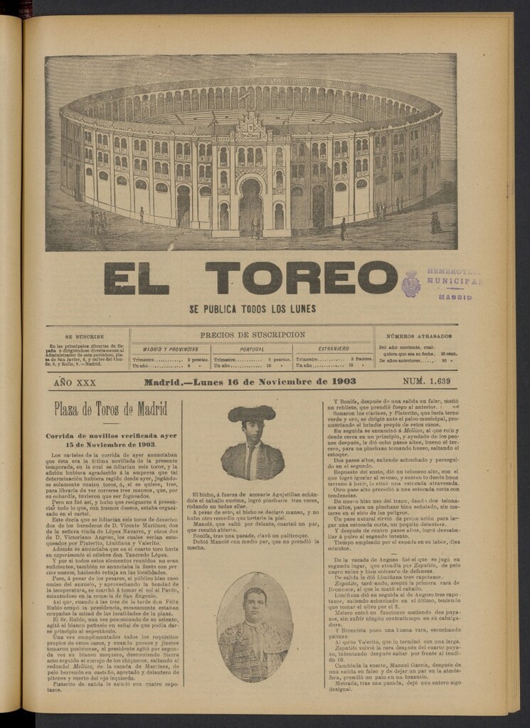 Miniatura de El Toreo: suplemento a "La Correspondencia Teatral" del 16 de noviembre de 1903, nº 1639