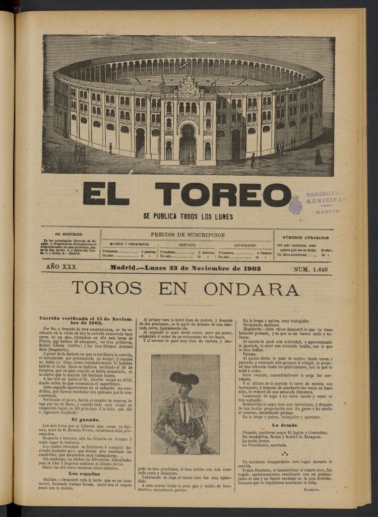 Miniatura de El Toreo: suplemento a "La Correspondencia Teatral" del 23 de noviembre de 1903, nº 1640