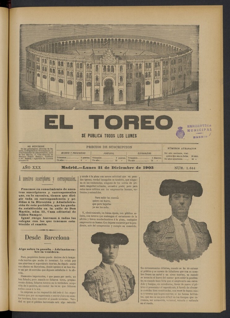 Miniatura de El Toreo: suplemento a "La Correspondencia Teatral" del 21 de diciembre de 1903, nº 1644