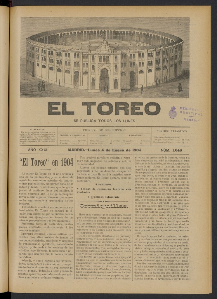 Miniatura de El Toreo: suplemento a "La Correspondencia Teatral" del 4 de enero de 1904, nº 1646