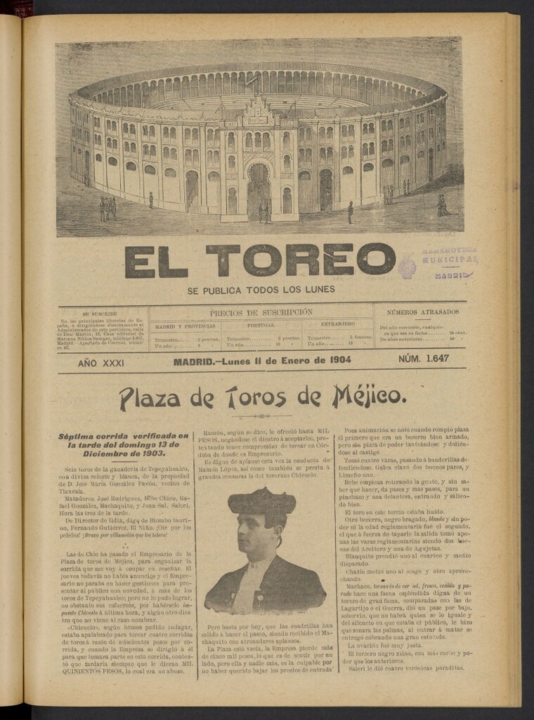 Miniatura de El Toreo: suplemento a "La Correspondencia Teatral" del 11 de enero de 1904, nº 1647