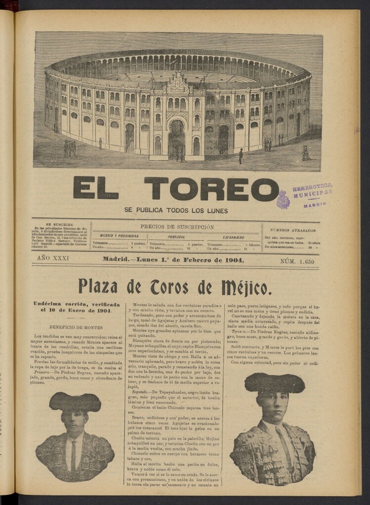 Miniatura de El Toreo: suplemento a "La Correspondencia Teatral" del 1 de febrero de 1904, nº 1650