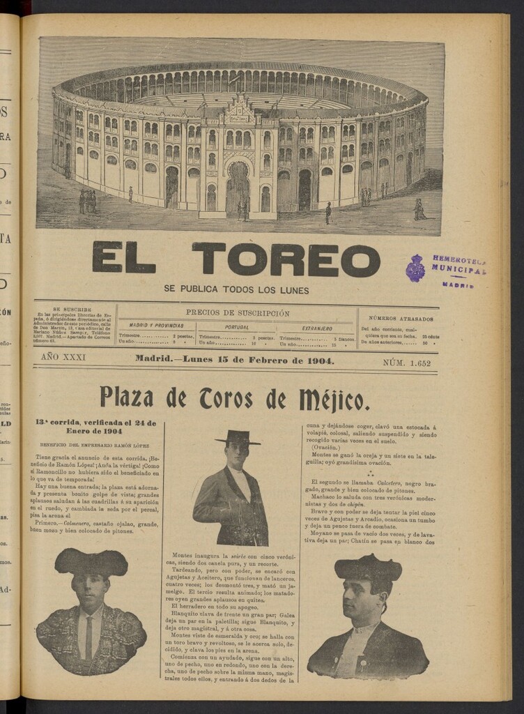 Miniatura de El Toreo: suplemento a "La Correspondencia Teatral" del 15 de febrero de 1904, nº 1652