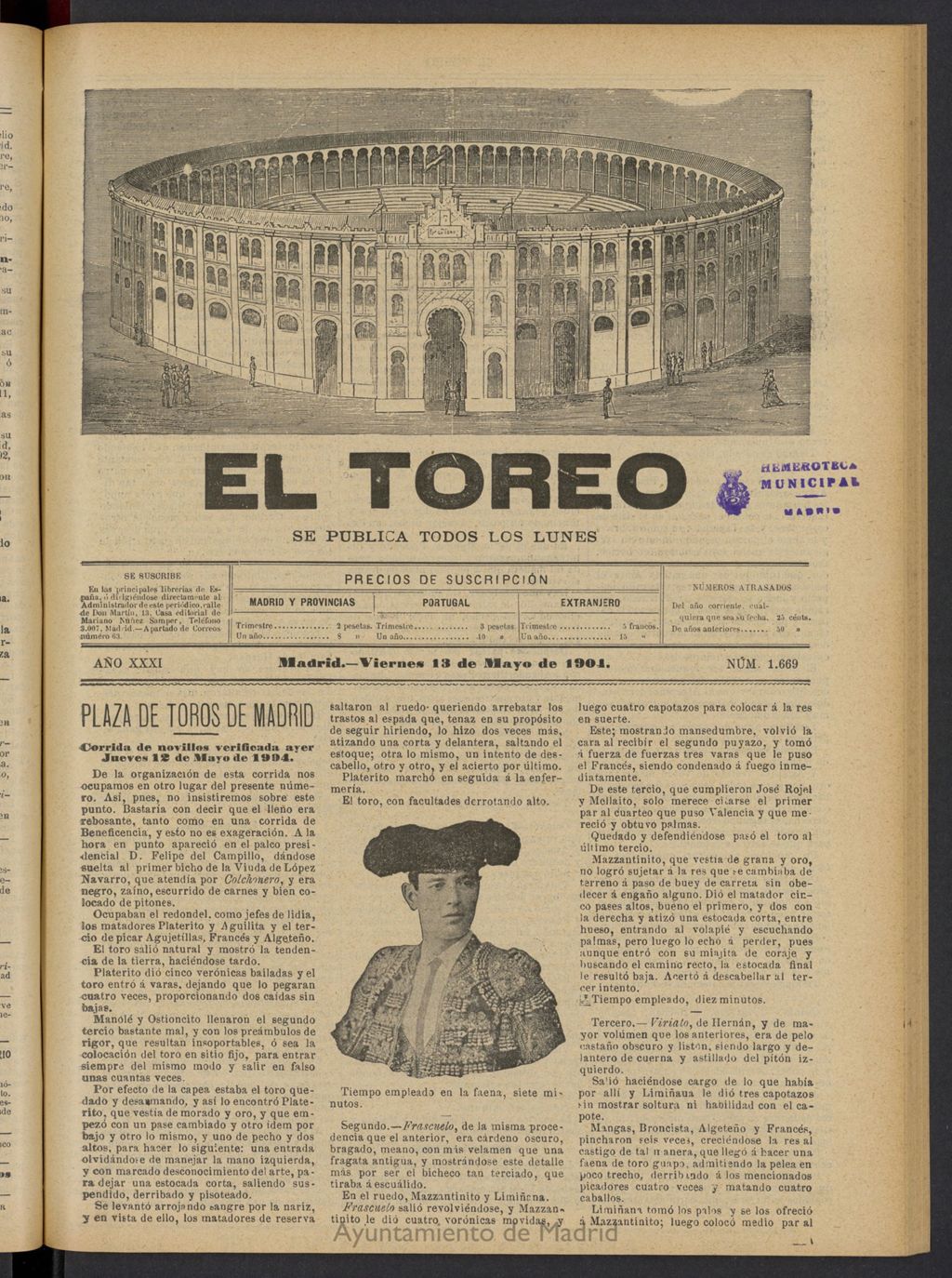 Miniatura de El Toreo: suplemento a "La Correspondencia Teatral" del 13 de mayo de 1904, nº 1669