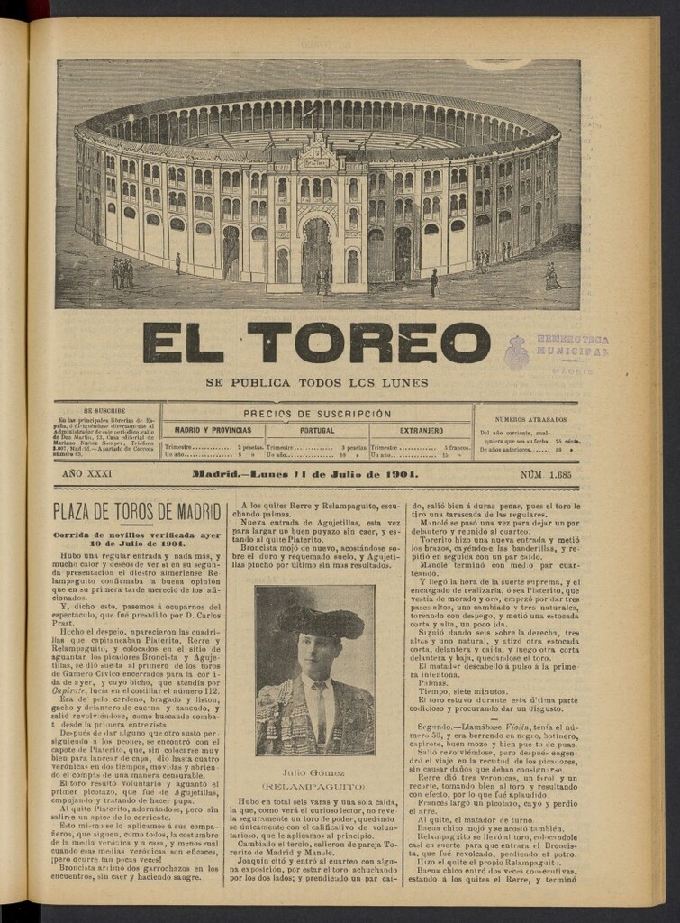 Miniatura de El Toreo: suplemento a "La Correspondencia Teatral" del 11 de julio de 1904, nº 1685