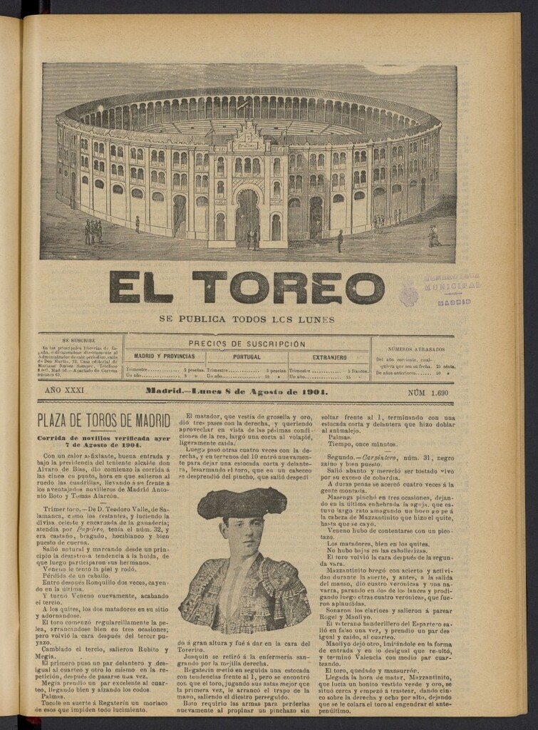 Miniatura de El Toreo: suplemento a "La Correspondencia Teatral" del 8 de agosto de 1904, nº 1690