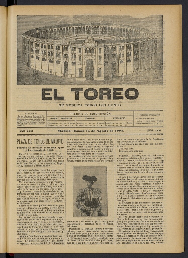 Miniatura de El Toreo: suplemento a "La Correspondencia Teatral" del 15 de agosto de 1904, nº 1691