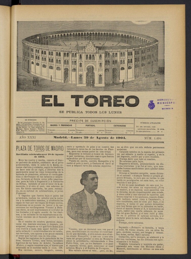 Miniatura de El Toreo: suplemento a "La Correspondencia Teatral" del 29 de agosto de 1904, nº 1694