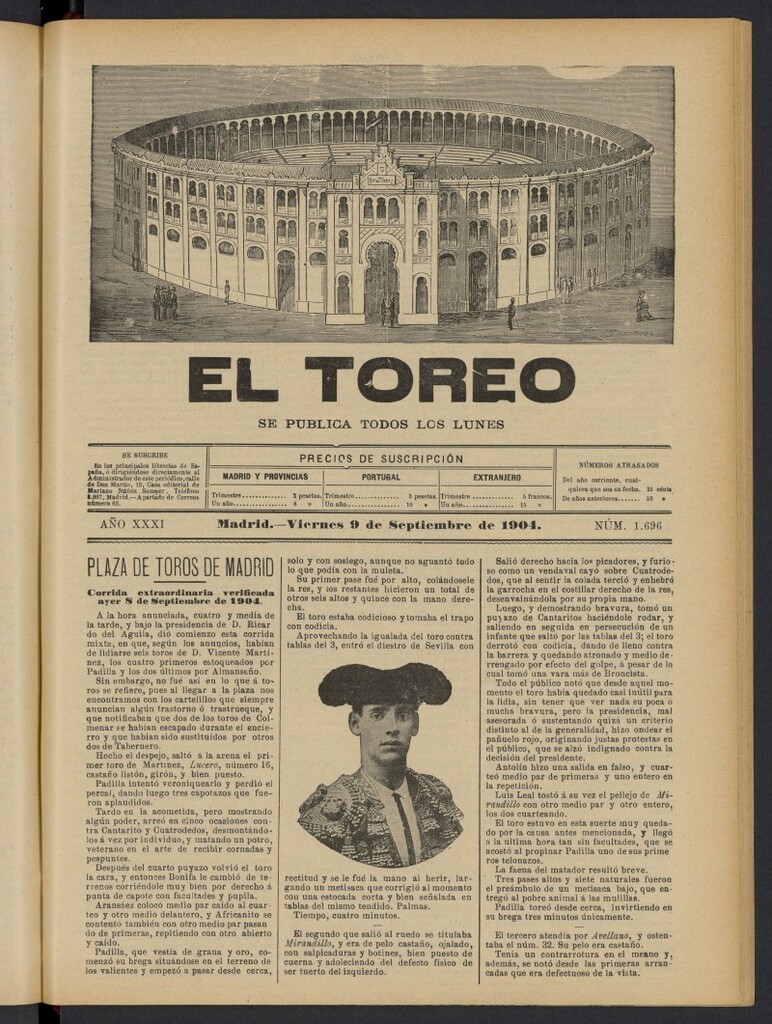 Miniatura de El Toreo: suplemento a "La Correspondencia Teatral" del 9 de septiembre de 1904, nº 1696