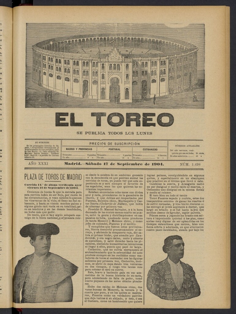 Miniatura de El Toreo: suplemento a "La Correspondencia Teatral" del 17 de septiembre de 1904, nº 1698