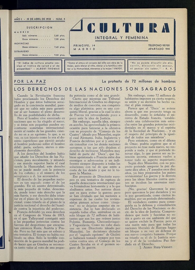 Miniatura de Cultura Integral y Femenina del 15 de abril de 1933