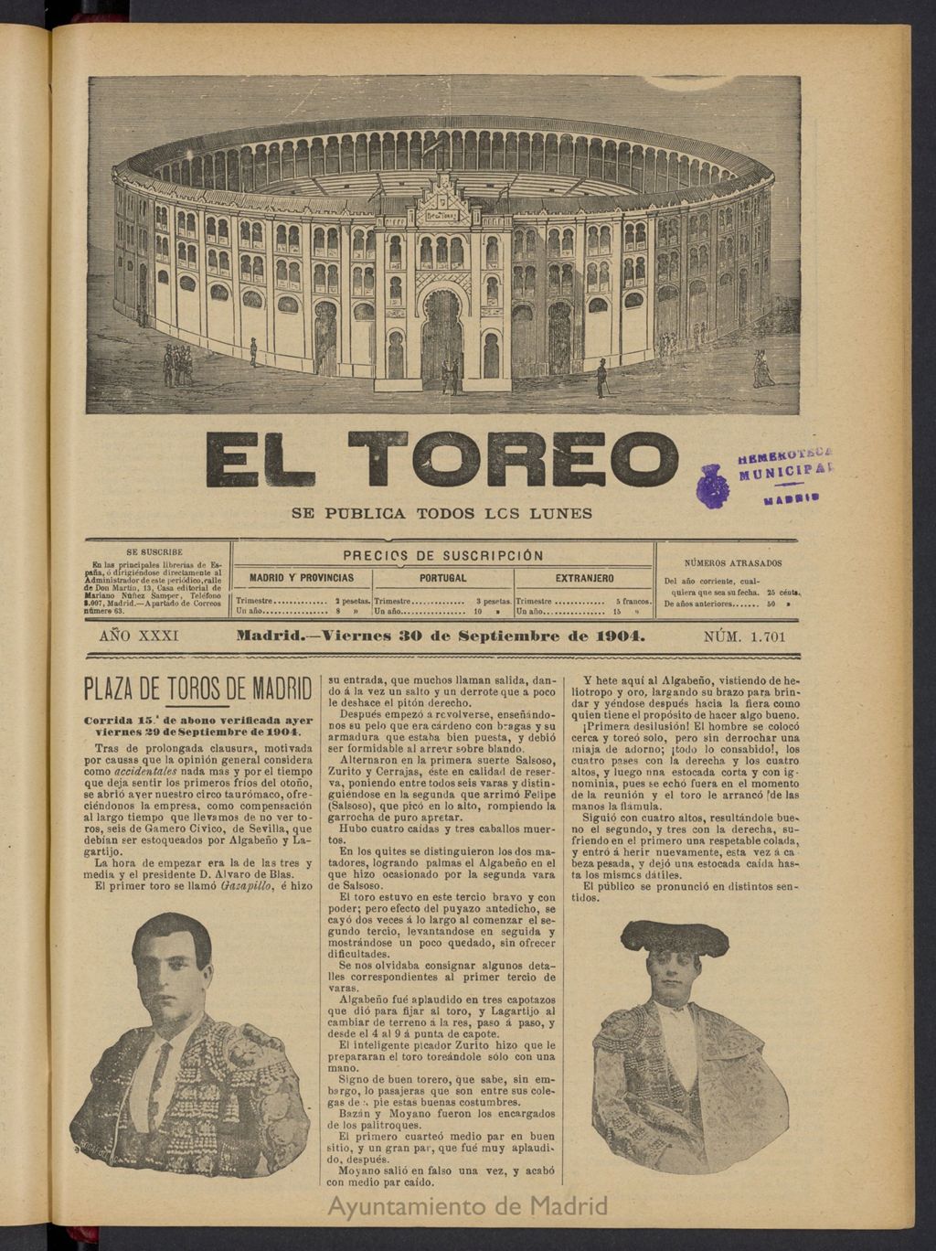 Miniatura de El Toreo: suplemento a "La Correspondencia Teatral" del 30 de septiembre de 1904, nº 1701