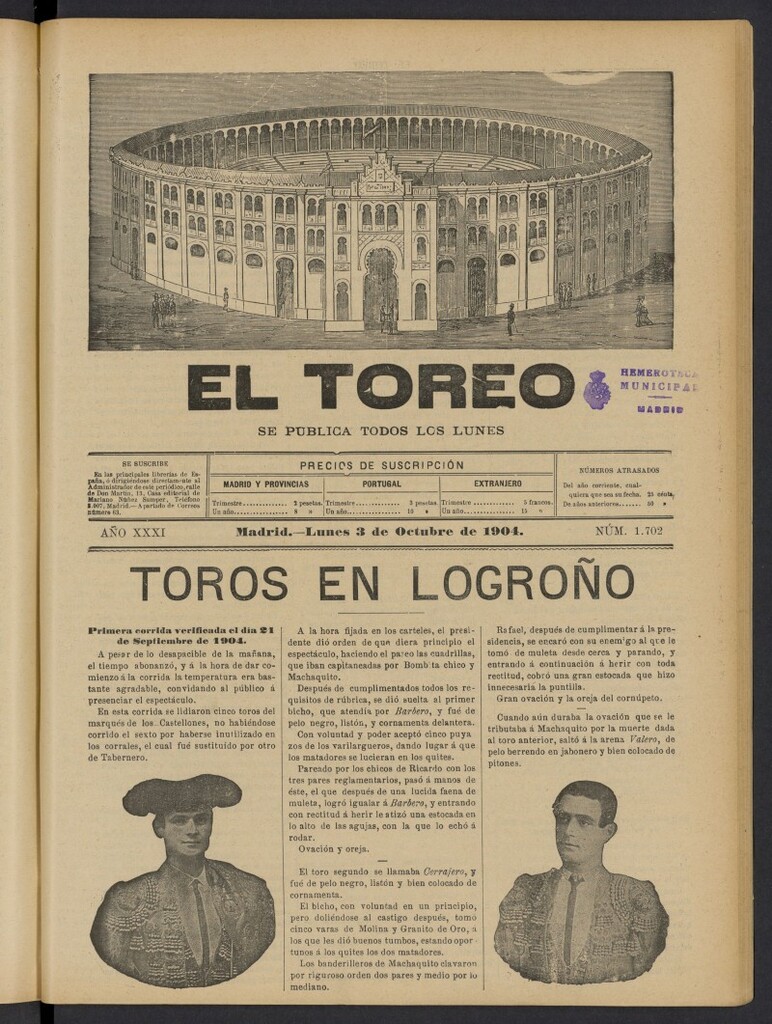 Miniatura de El Toreo: suplemento a "La Correspondencia Teatral" del 3 de octubre de 1904, nº 1702
