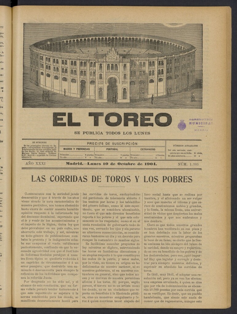 Miniatura de El Toreo: suplemento a "La Correspondencia Teatral" del 10 de octubre de 1904, nº 1703
