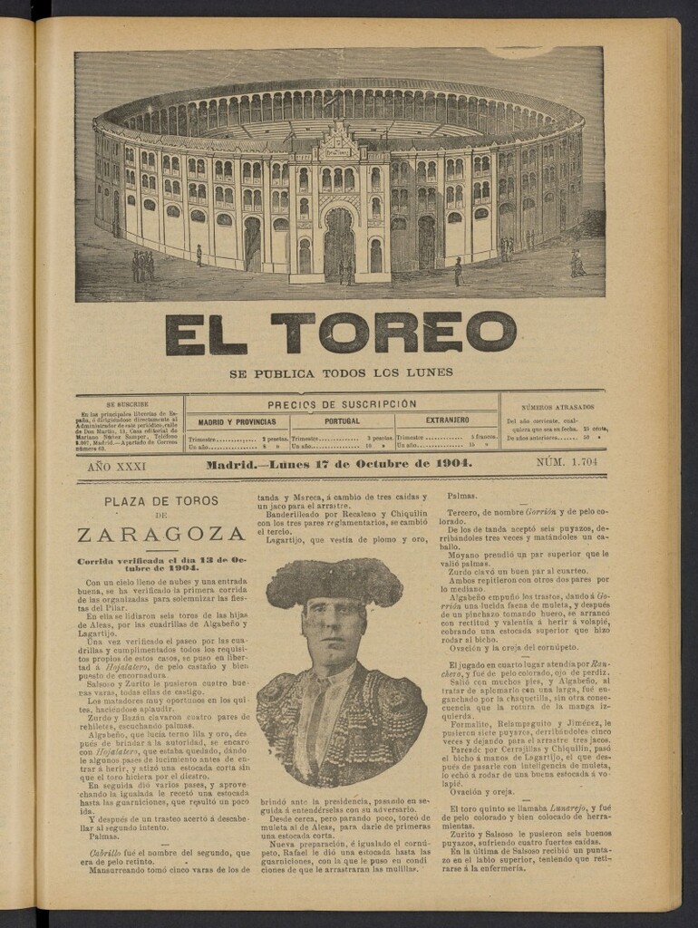 Miniatura de El Toreo: suplemento a "La Correspondencia Teatral" del 17 de octubre de 1904, nº 1704