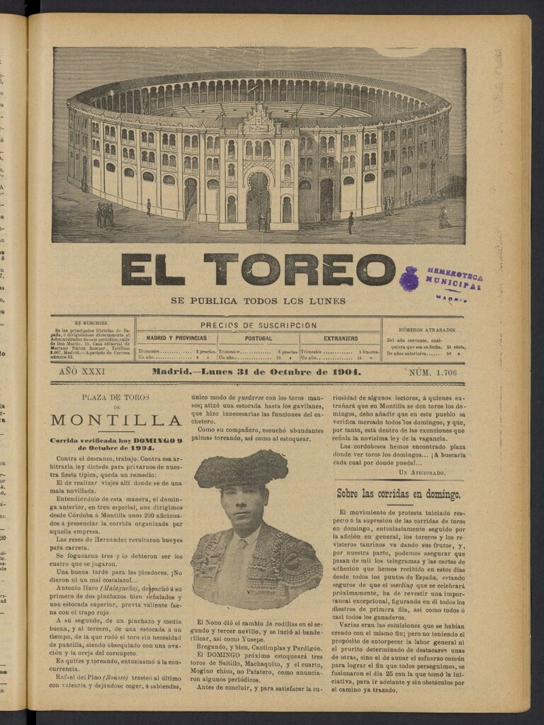 Miniatura de El Toreo: suplemento a "La Correspondencia Teatral" del 31 de octubre de 1904, nº 1706