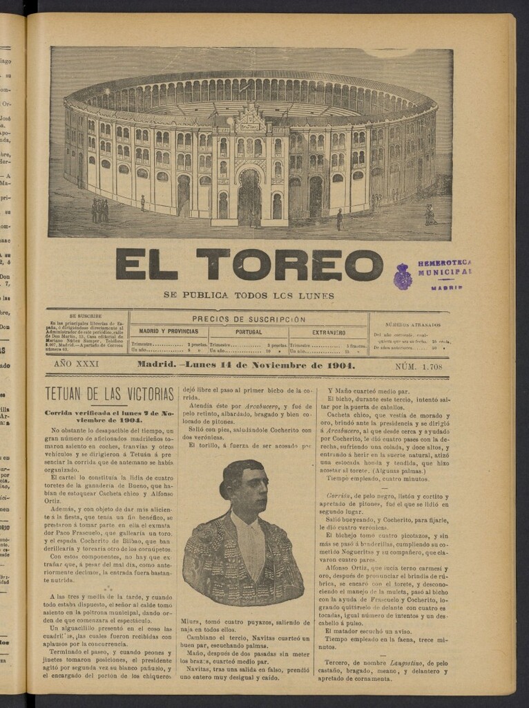 Miniatura de El Toreo: suplemento a "La Correspondencia Teatral" del 14 de noviembre de 1904, nº 1708