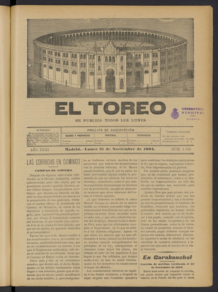 Miniatura de El Toreo: suplemento a "La Correspondencia Teatral" del 21 de noviembre de 1904, nº 1709