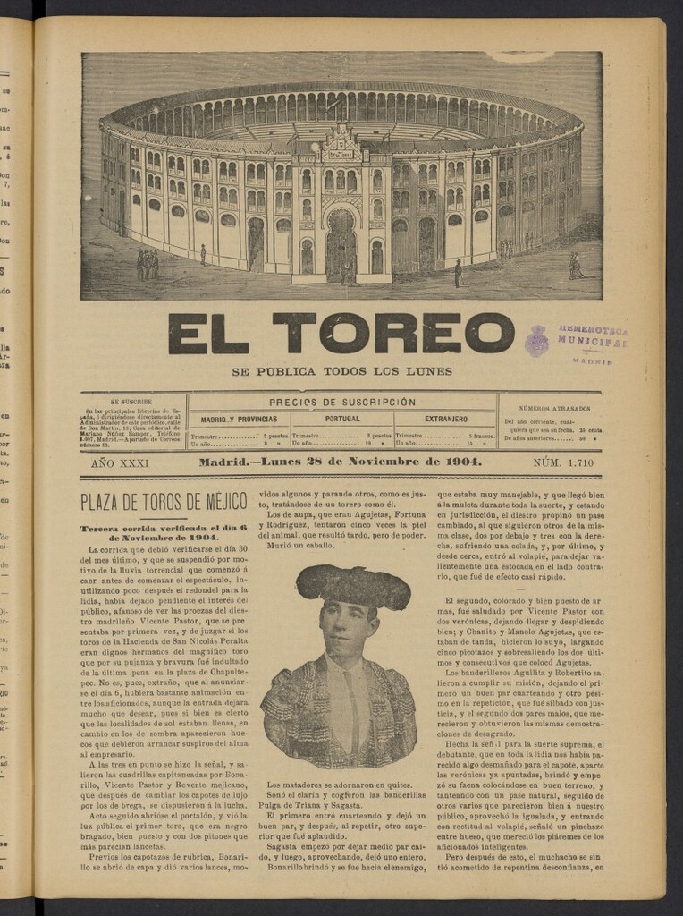 Miniatura de El Toreo: suplemento a "La Correspondencia Teatral" del 28 de noviembre de 1904, nº 1710