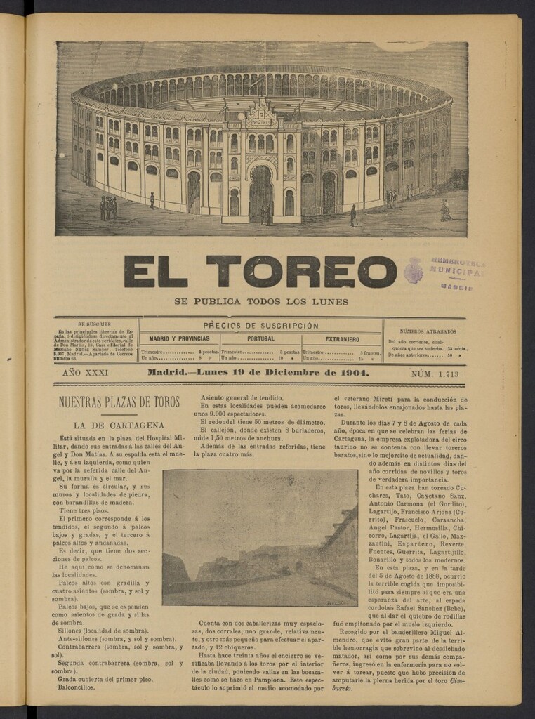 Miniatura de El Toreo: suplemento a "La Correspondencia Teatral" del 19 de diciembre de 1904, nº 1713