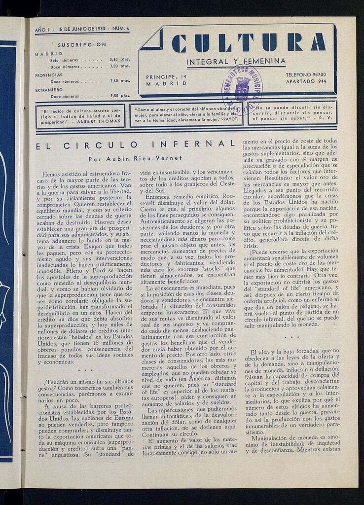Miniatura de Cultura Integral y Femenina del 15 de junio de 1933