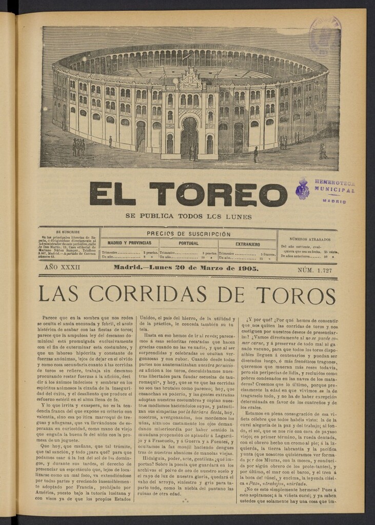 Miniatura de El Toreo: suplemento a "La Correspondencia Teatral" del 20 de marzo de 1905, nº 1727
