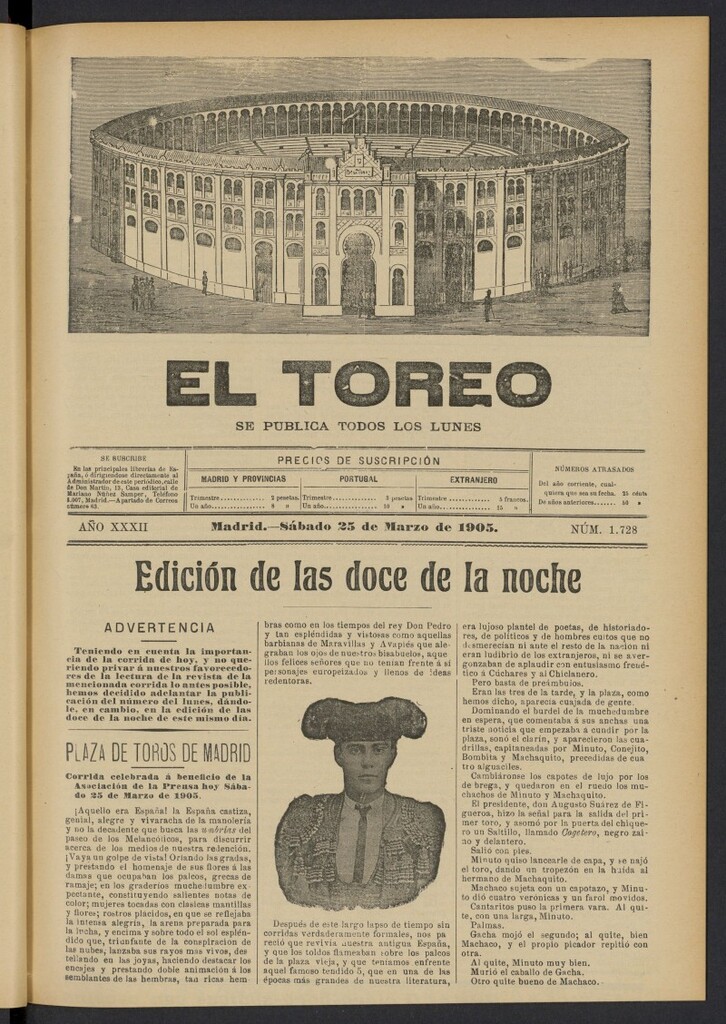 Miniatura de El Toreo: suplemento a "La Correspondencia Teatral" del 25 de marzo de 1905, nº 1728