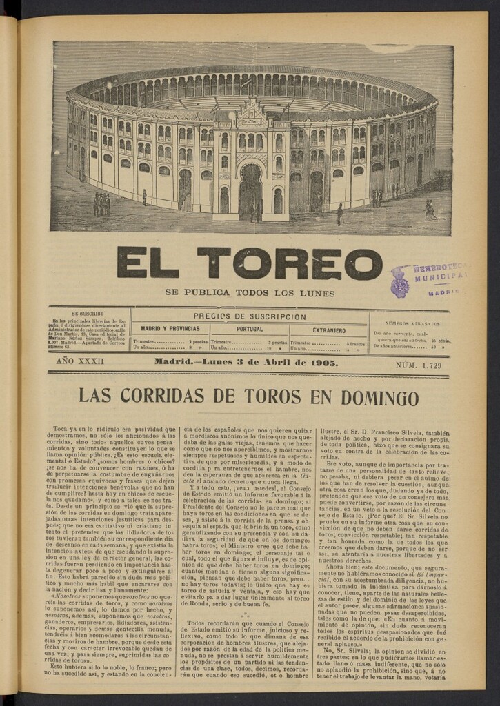 Miniatura de El Toreo: suplemento a "La Correspondencia Teatral" del 3 de abril de 1905, nº 1729