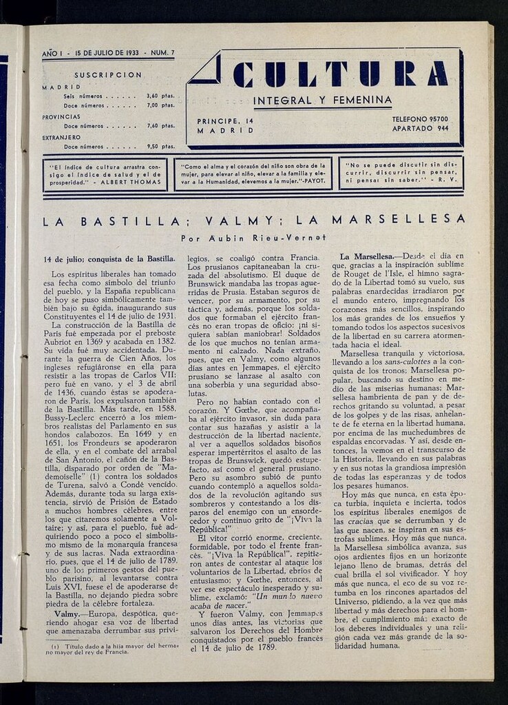 Miniatura de Cultura Integral y Femenina del 15 de julio de 1933