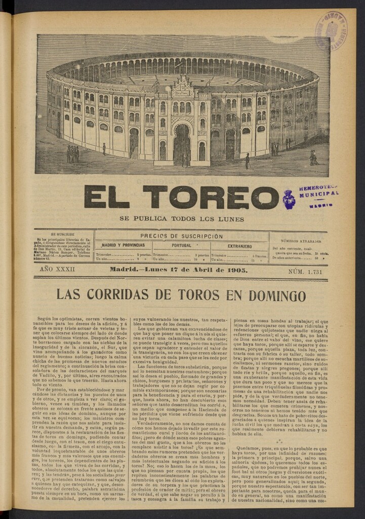 Miniatura de El Toreo: suplemento a "La Correspondencia Teatral" del 17 de abril de 1905, nº 1731